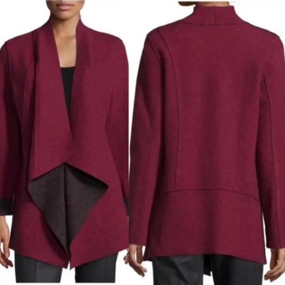 Eileen Fisher Burgundy/Gray Long Wool Moto Sweater Cardigan Jacket - Picture 2 of 7